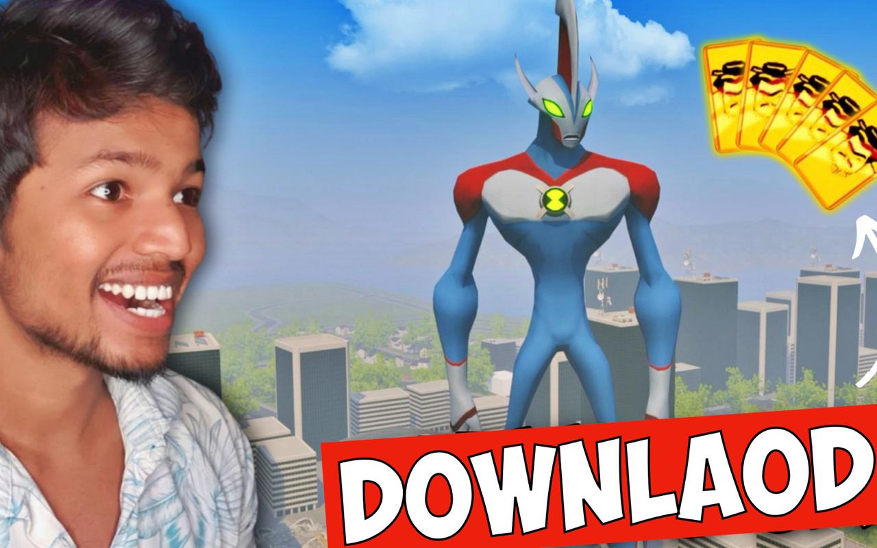 Excited gamer with Galvan alien from Ben 10 standing over a city skyline with download text galvan game ben 10 fan made