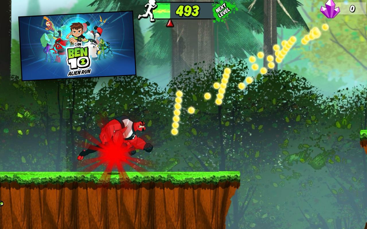 Ben 10 Alien Run gameplay with Four Arms collecting orbs in a forest environment.