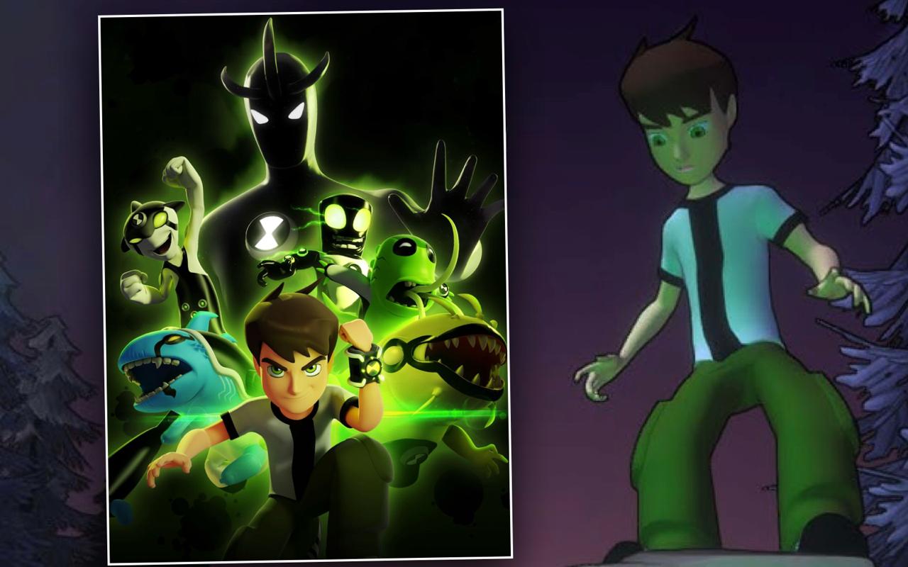 Ben 10 cartoon with Ben and his alien forms surrounded by green energy in a dark forest setting.