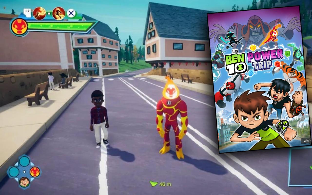 Ben 10 Power Trip game with Ben’s alien form and another character in a town environment.