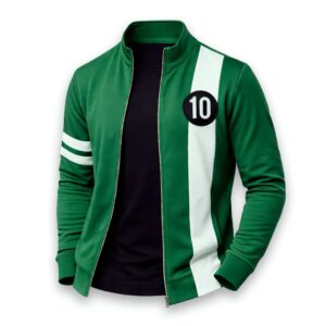 Ben 10 green zip-up jacket with white stripe and number 10 patch for men