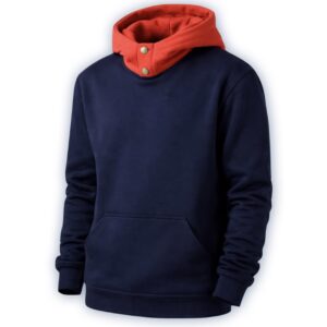 Jujutsu Kaisen inspired navy blue hoodie with red hood, high-neck button design and kangaroo pocket on white background
